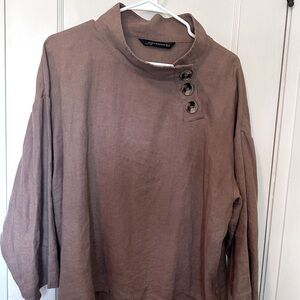 Zara 100% Linen Brown Funnel Neck with Buttons, Long Sleeve Pullover Shirt, Sz M